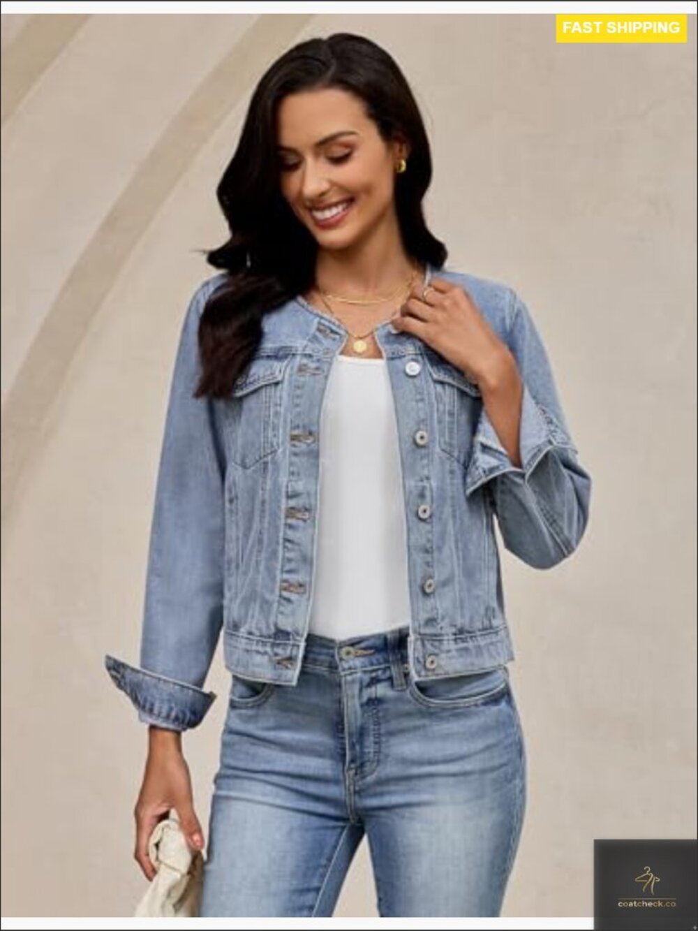 Collarless Denim Jacket Crew Neck Button Front Casual Western Style - Picture 2 of 7